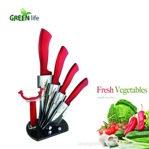 Ceramic Knife Set With Red ABS+TPR Handle ,3 inch Paring Knife, 4 inch Utility Knife, 5 inch Slicing Knife,6 inch Chef Knife